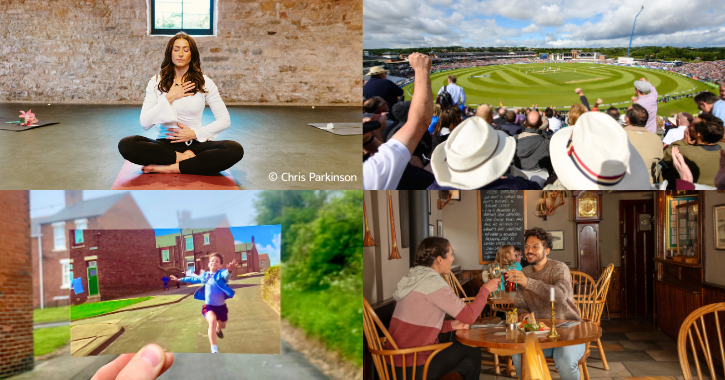 Collage of images woman in yoga session, durham cricket, Billy Elliot filming location and couple in a pub.
